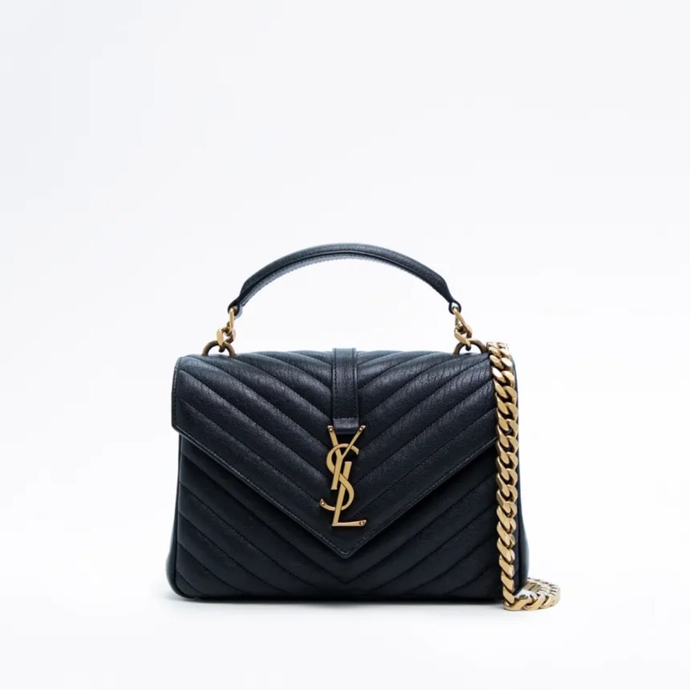 Yves Saint Laurent Black Chevron Shoulder Bag with Gold Chain